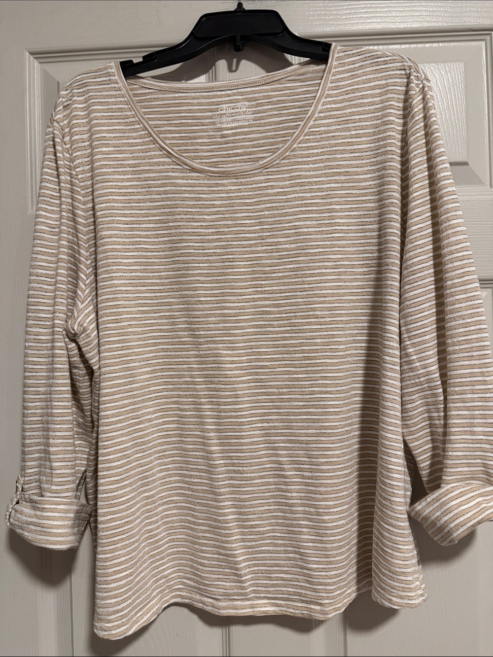Chico's Beige and White Striped Long-Sleeve Top